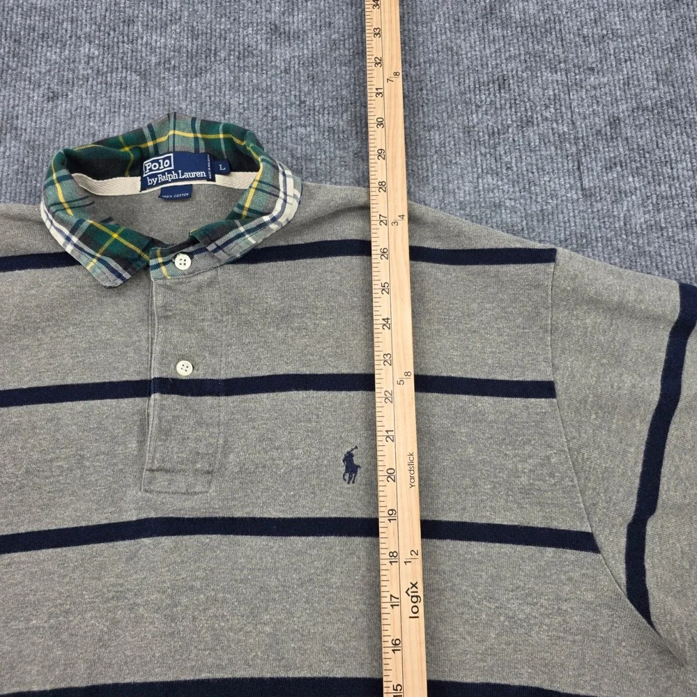 Polo Ralph Lauren Mens Gray Navy Striped Rugby Shirt Plaid Collar Large